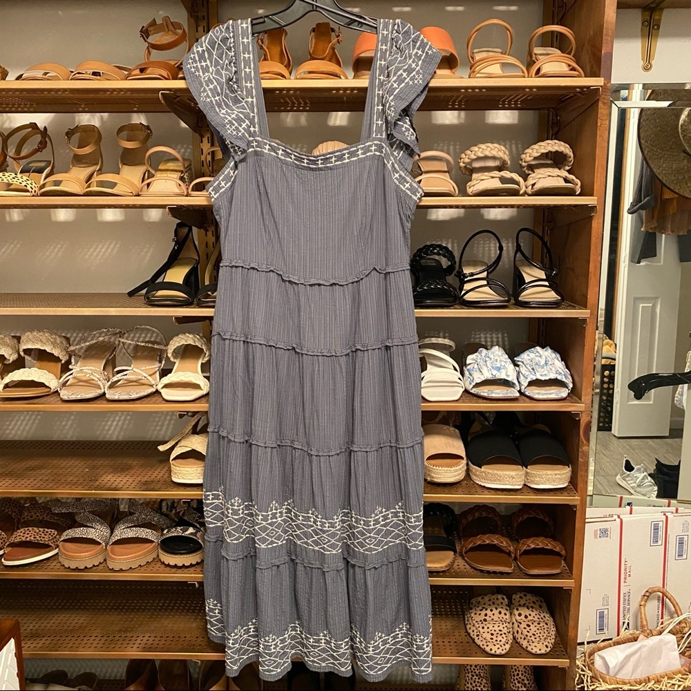 Dusty Blue Tiered Embroidered Midi Dress